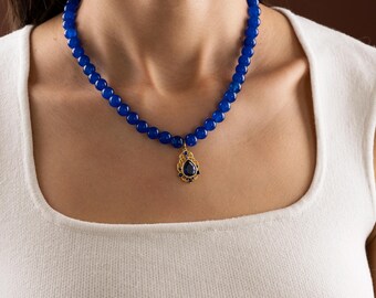 Blue Jade Necklace Sterling Silver Filigree Teardrop Pendant
