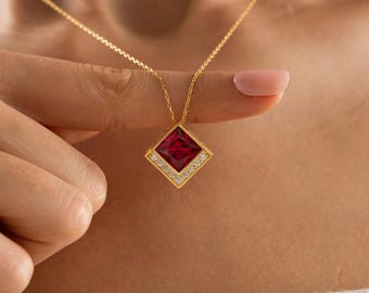 Princess Cut Ruby CZ Necklace in 925 Sterling Silver  Square Halo Necklace
