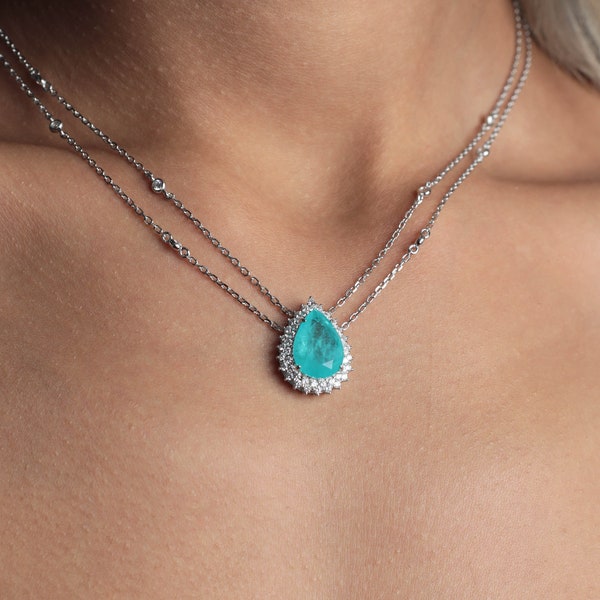 8th Wedding Bronze Anniversary Gift Paraiba Tourmaline Necklace, Anniversary Gift For Her, 8 th Anniversary Tourmaline Necklace Silver