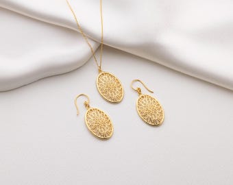 Filigree Lace Jewelry Set 925 Sterling Silver Cut Out Medallion Cottagecore Mandala Necklace & Earrings