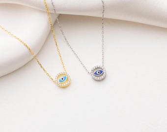 Dainty Evil Eye Pendant Necklace, Minimalist Gold Protection Charm, 925 Sterling Silver Nazar Jewelry