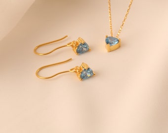 Blue Topaz Heart Necklace Earrings Jewelry Set Blue Topaz Gemstone Necklace Earrings Set Gold Blue Topaz Jewelry Set Gift For Her Mommy Gift