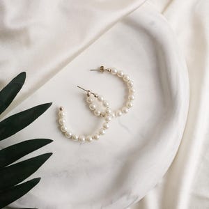 Pearl Hoop Earrings, 50 mm Sterling Silver Pearl Hoop Earrings Pearl Jewelry Gift for Her Wedding Day Pearl Bridesmaid Gift Pearl Hoops