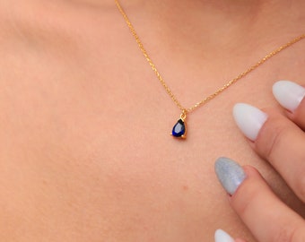 Silver Drop Sapphire Necklace – Dainty Navy Blue Pendant Elegant Jewelry