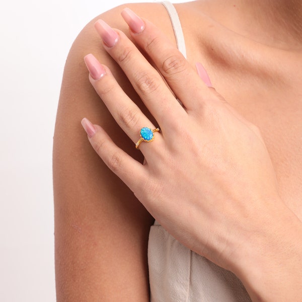 Anillo de ópalo de fuego azul, anillo de compromiso, anillos de promesa de ópalo azul, anillo de ópalo azul ajustable de plata esterlina, regalo para mujeres, regalo del día de la madre