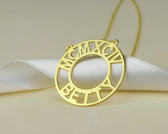 Personalized Sterling Silver Circle Necklace: Roman Numerals, Name, Date