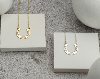 Hoefijzerketting, gegraveerde hoefijzer gepersonaliseerde ketting, cadeau voor moeder, paardenliefhebber sieraden, sterling zilver, goud, rosé goud