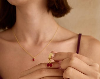 Gold Ruby Necklace and Hoop Earrings Set: Gold Filled Silver Jewelry, July Birthstone