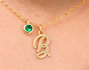 Birthstone Letter Necklace Gold Birthstone Custom Initial Necklace Birthstone and Letter Jewelry Birthday Jewelry Custom Necklace