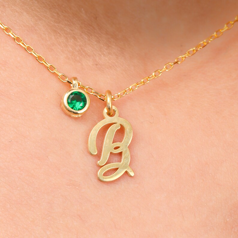 Birthstone Letter Necklace Gold Birthstone Custom Initial Necklace Birthstone and Letter Jewelry Birthday Jewelry Custom Necklace zdjęcie 1