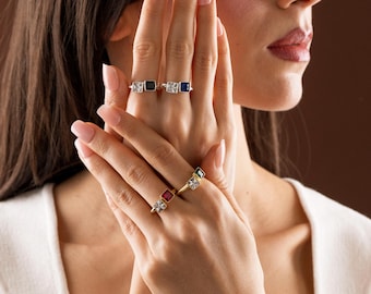 Toi Et Moi Gold Filled Ring, Two Square Birthstones, Sterling Silver Duo Band