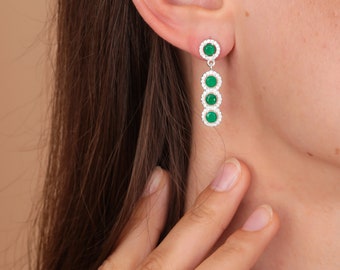 Pave Emerald Earrings Emerald Diamond Dangle Earrings Emerald Jewelry Diamond Emerald May Birthstone Earrings Dainty Emerald Raund Earrings