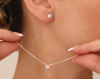 Collier en diamants délicats, boucles d'oreilles bijoux, collier en cristal et diamants de 3 mm, boucles d'oreilles pour enfants, collier délicat, boucles d'oreilles, cadeau pour elle