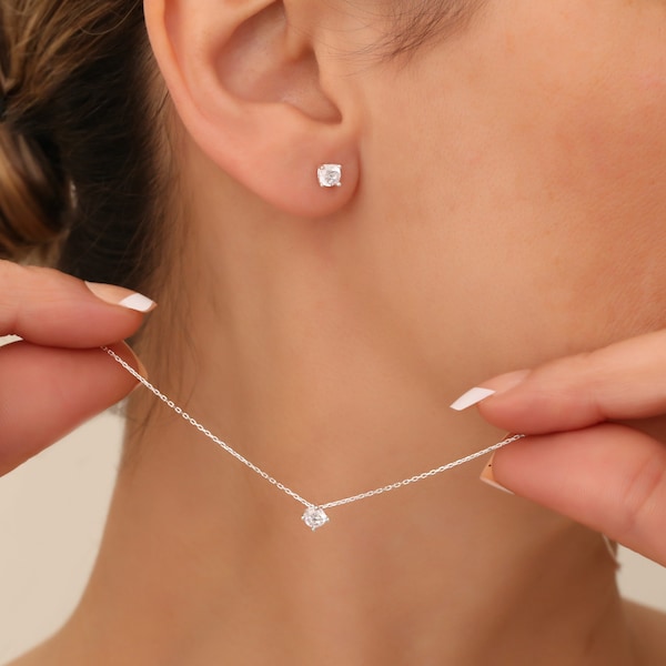Dainty Solitaire Set Minimalist Necklace and Stud Earrings, Elegant Bridal Jewelry