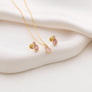 Pink Zircon Pear Jewelry Set Dainty Pink Drop Necklace Pave Stud Earrings
