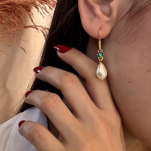Dainty Emerald & Pearl Earrings Elegant Diamond Emerald Pearl Dangle Earrings Wedding Earrings Bridal Jewelry Gift For Her Bridesmaid Gift
