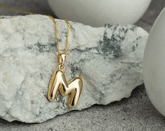 Initial Necklace Sterling Silver, Custom Initial Puff Necklace, Personalized Letter Necklace, Mother Day Gift, Gold and Rose Gold Plated