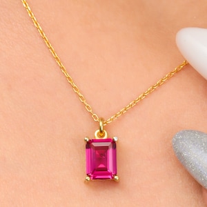 Ruby Baguette Dainty Necklace, Tiny Ruby Necklace, July Birthstone Necklace, Wedding Anniversary Gift, Daughter Graduation Gift