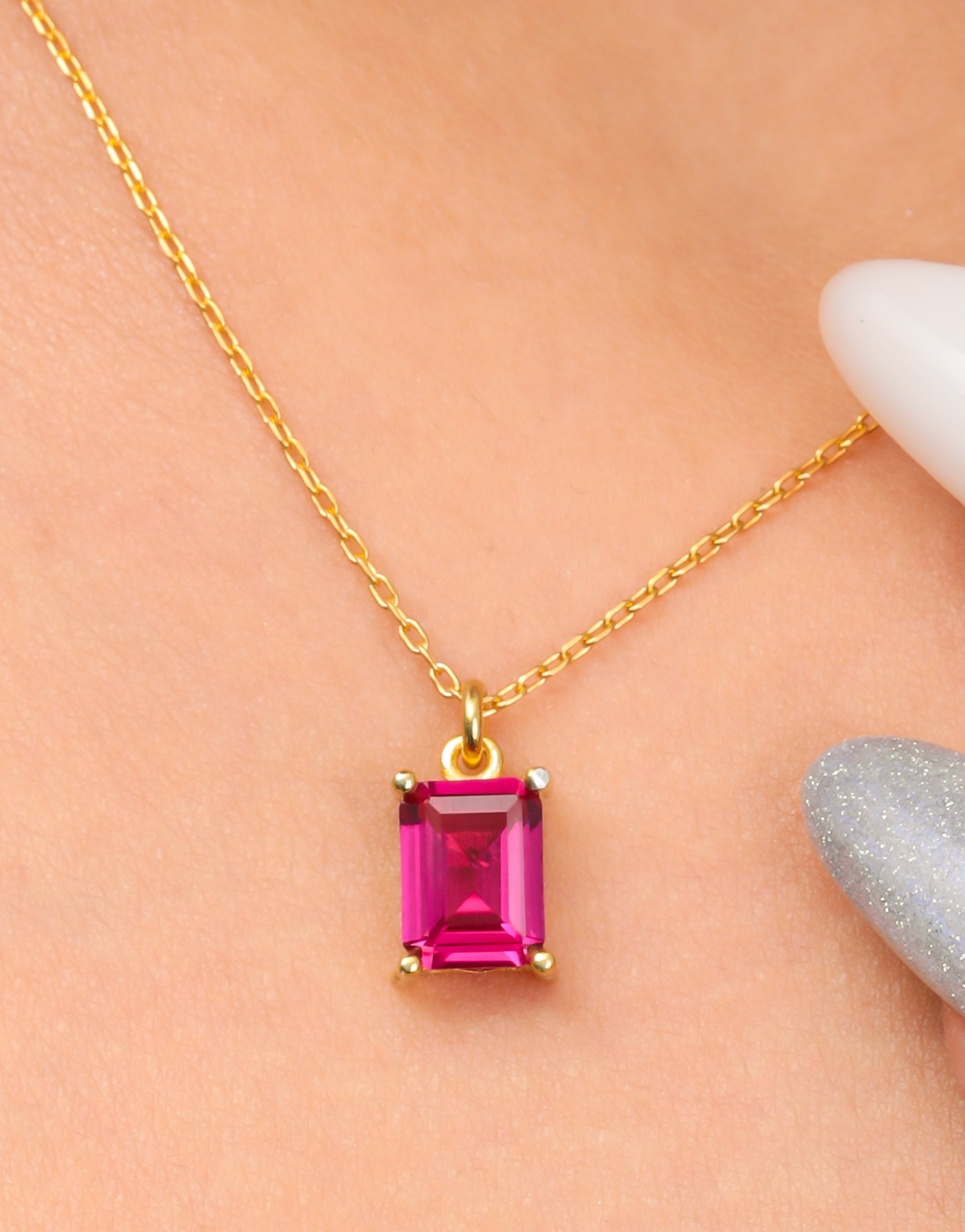 Ruby Baguette Dainty Necklace Tiny Ruby Necklace July - Etsy