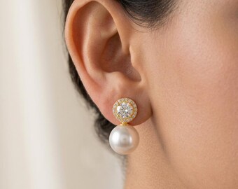 Solid 925 Sterling Silver Pearl Drop Earrings, Pave Zircon Studs, Bridal Jewelry