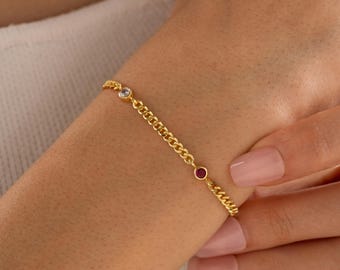 Personalized Birthstone Curb Chain Bracelet Custom Family Stone Jewelry in 925 Silver