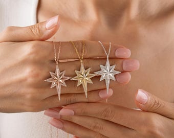 3D North Star Necklace in 925 Sterling Silver, Celestial Starburst Pendant with Zirconia