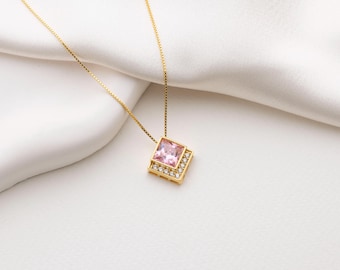 Sterling Silver Geometric Square Pink CZ Pendant Necklace, Elegant Statement Jewelry