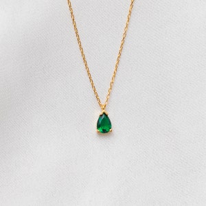 14k Solid Gold Emerald Green Necklace, Teardrop Emerald Real Gold ...