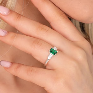 Green Emerald Baguette Ring Engagement Women Ring Emerald Dainty Ring May Birthstone Gift For Mommy Gift For Her