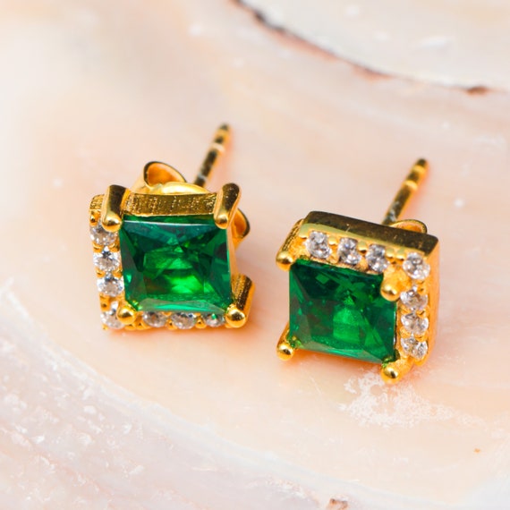 14k Gold Emerald Square Stud Earrings Dainty 14k Gold or Silver