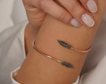 Dainty Sterling Silver Leaf Bangle: Adjustable Open Cuff Bracelet