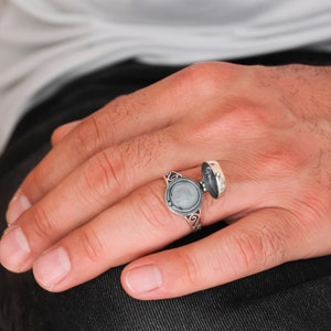 Men&#39;s Sterling Silver Locket Ring: Secret Message, Moon and Stars