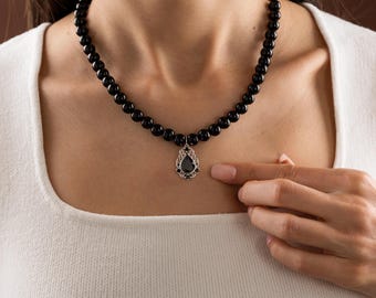 Black Onyx Teardrop Pendant Necklace, Sterling Silver Choker, Gothic Statement Jewelry