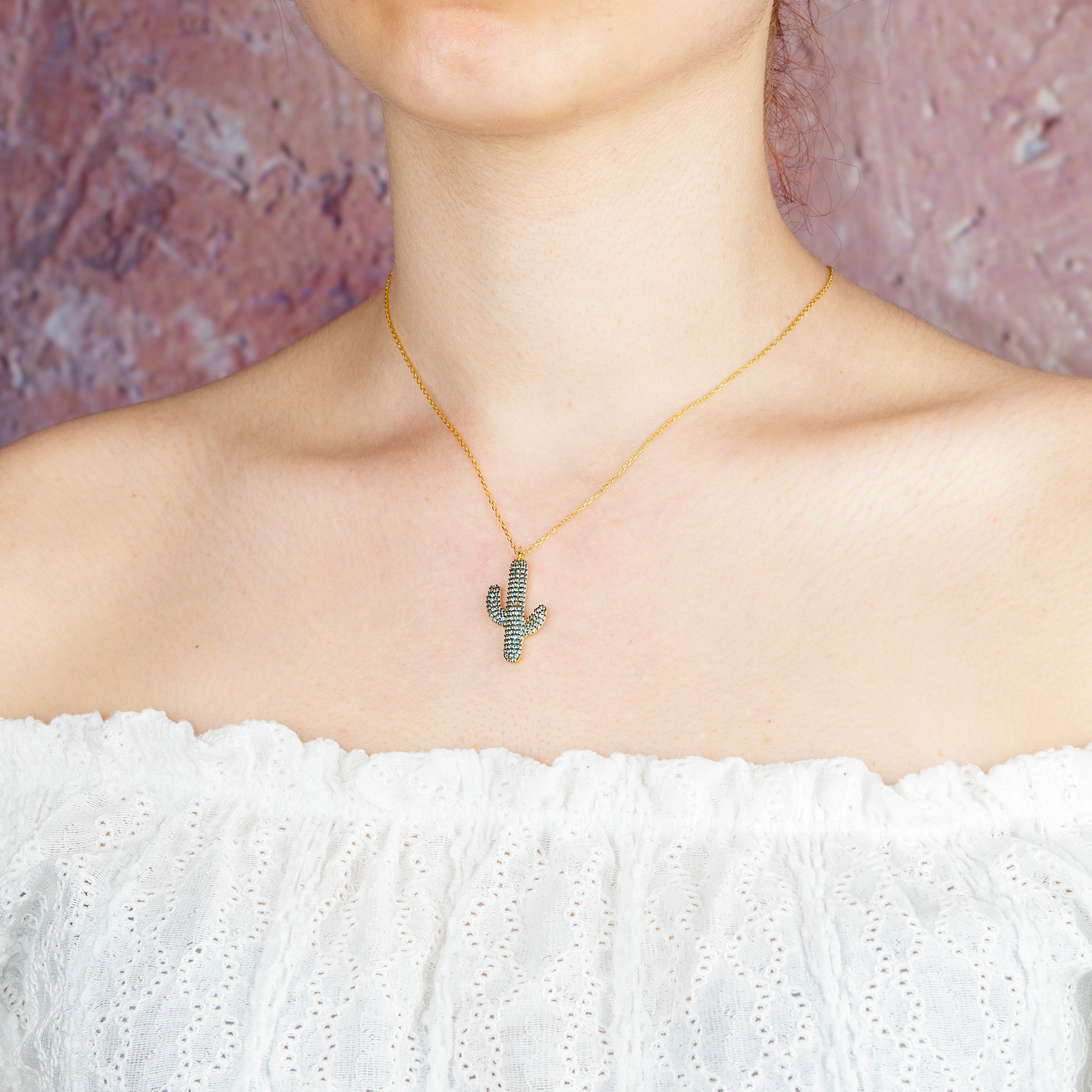 Gold Cactus Charm Necklace: Green CZ Boho Desert Jewelry - Etsy