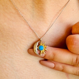 Sun and Moon Necklace with Blue Opal Valentines Jewelry Love Necklace Blue Fire Opal Sun and Moon Necklace Blue Opal Gifts For Girlfriend