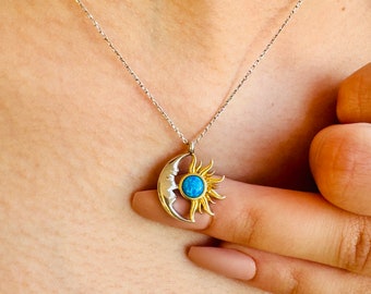 RED SUN Collier Celtique En Argent Sterling 925 Avec Pendentif Lune Et Soleil Avec Cristal De Lune Et Soleil - Cadeau Pour Femme Et Fille, Argent Sterling