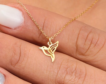 Collar de colibrí, colgante de pájaro de plata de ley 925, regalo minimalista para amantes de la naturaleza.