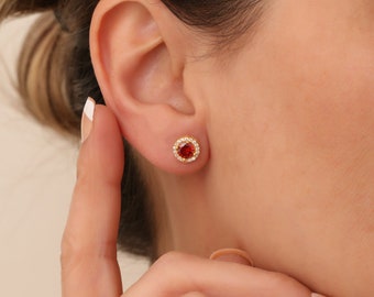 Ruby Diamond Round Earrings Pave Diamond Ruby Stud Earrings Red Ruby Earrings July Birthstone Earrings Ruby Earrings Gift For Her
