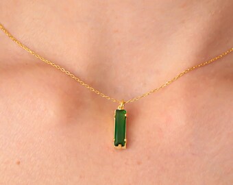 Emerald Bar Necklace Gold Filled May Birthstone Pendant Green Emerald Choker Beaded Necklace Dainty Emerald Long Necklace Gift For Her