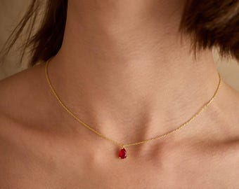 Drop Red Ruby Gemstone Necklace Dainty Pear Ruby Necklace July Birthstone Necklace Teardrop Red Ruby Jewelry Wedding Necklace Gift for Her
