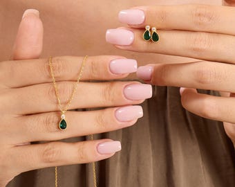 Emerald Green Pear Cut Zircon Necklace Earrings Set, 925 Sterling Silver