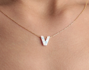 14k Gold Opal Initial Halskette: Personalisierter Buchstabe Anhänger