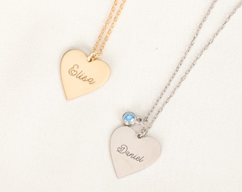 Heart Name Engraved Birthstone Necklace Dainty Gold Filled Personalized Jewelry Name Plate Heart Necklace Mother Day Gift Birthday Gift