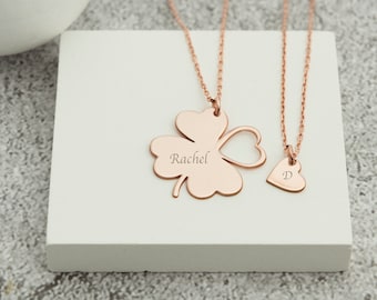 Personalised Clover Necklace, Mother Daughter Necklace, Couple Matching Clover Necklace, Necklace Couple Clover, Mother Day Gift, Silver