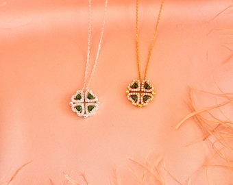 Magnetic Four Leaf Clover Necklace, Convertible Heart Pendant, 2-in-1 Lucky Jewelry