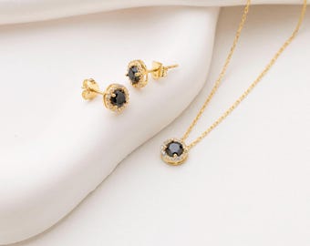 Minimalist Round Halo Necklace & Stud Earrings, Black Zirconia Jewelry Set in 925 Sterling Silver