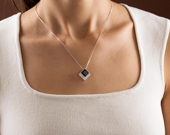 Sterling Silver Geometric Square Black CZ Pendant Necklace, Elegant Statement Jewelry
