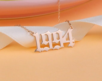 Custom Year Number Necklace Gothic Date Name Pendant Gift For Her Him Anniversary Birthday 18K Gold Plated