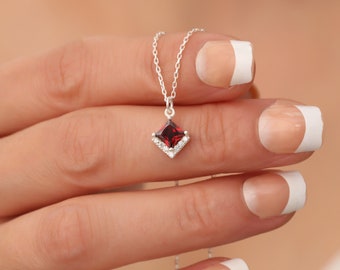 Dainty Ruby Princess Cut Diamond Pave Necklace Delicate Ruby Necklace Ruby Square Gemstone Necklace July Birthstone Necklace Gift For Her