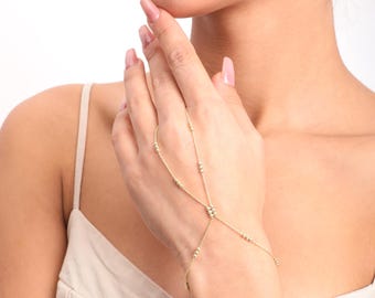 Sterling Silver Beaded Hand Chain Bracelet, Elegant Finger Bracelet